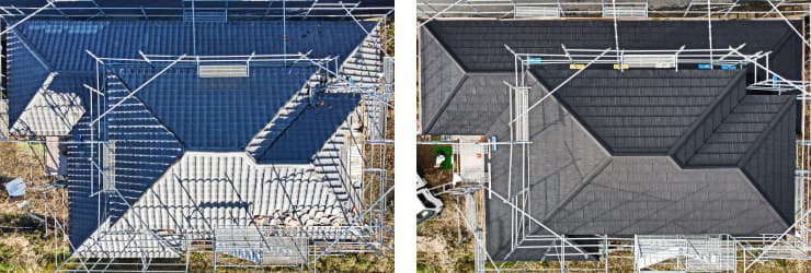 瓦屋根の葺き替え前とガルバリウム鋼板屋根への葺き替え後の写真